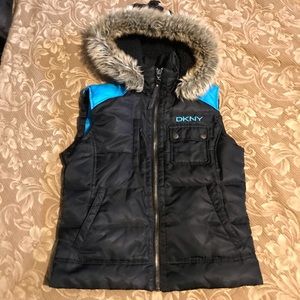 DKNY Black Blue Puffer Vest with Hood SZ XSmall